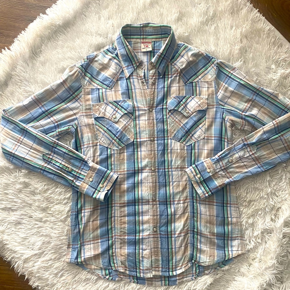 True Religion Plaid Button-Down Shirt in Blue, Tan, White